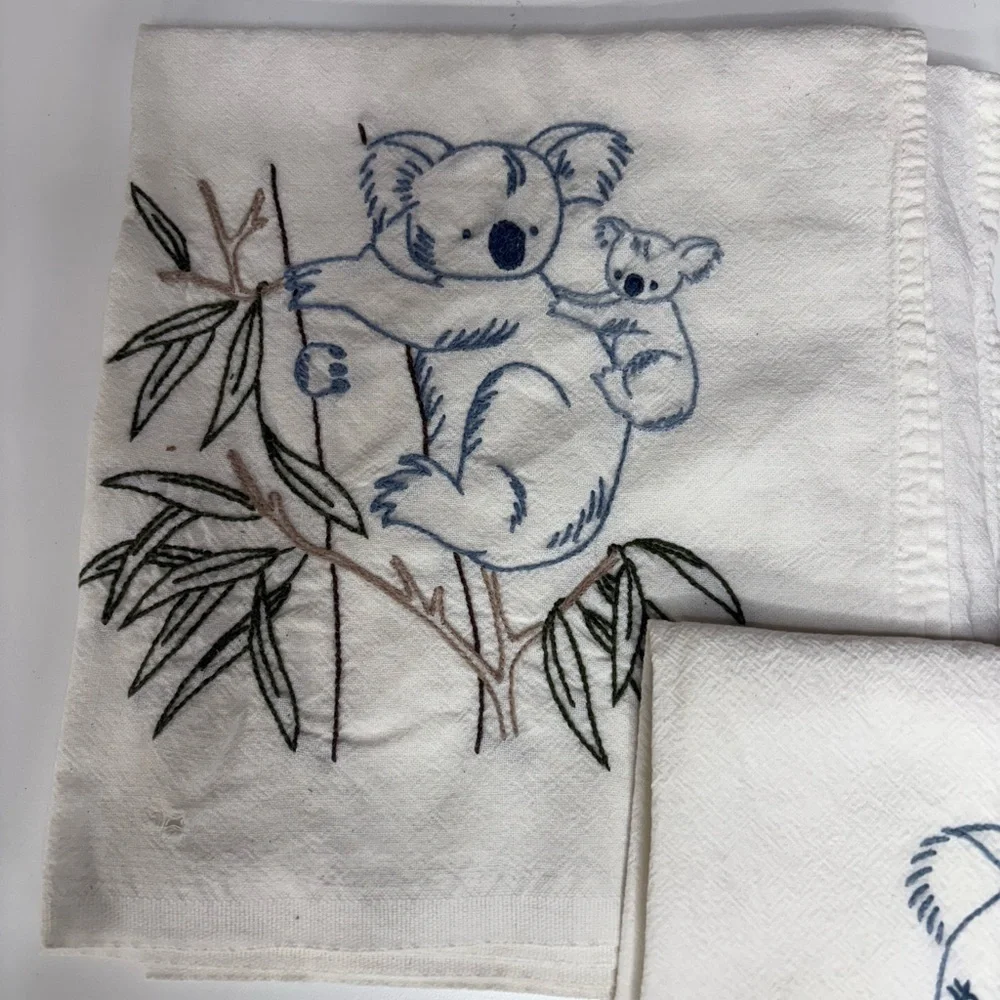Embroidered Koala Cotton Hand Towels - White with Green & Blue Accents